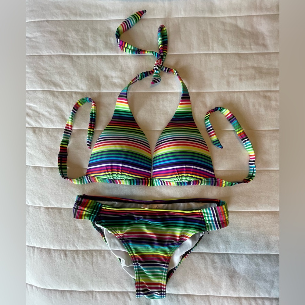 Rainbow Striped Bikini Set Women's Sz. Medium with Push up halter top